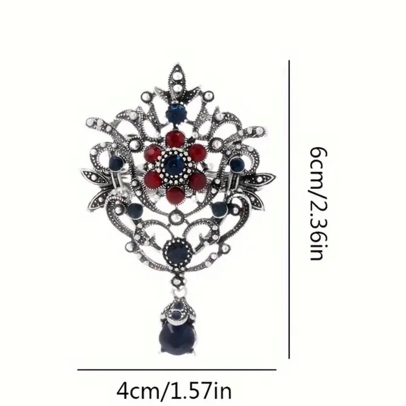 Red Flower Brooch, Lapel Pin or Pendant with Blue Rhinestones for Jacket, Blazer - Picture 4 of 8